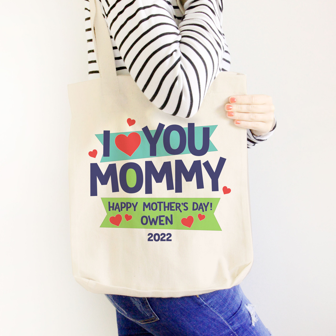 mothers day bag, heart you mommy canvas value or heavyweight tote bag