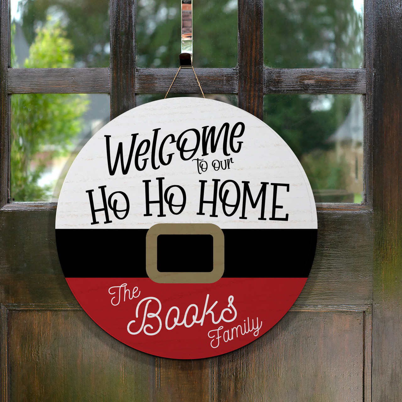 christmas plaque, round fiberboard welcome to our ho ho home santa