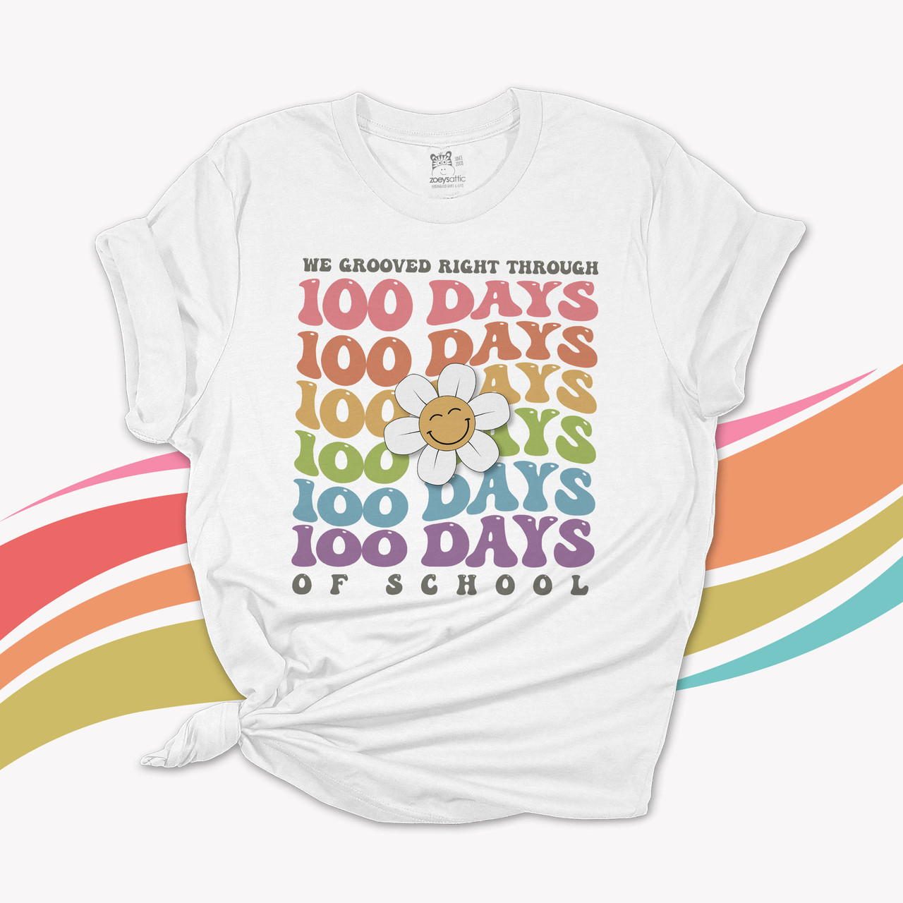 teacher 100 day shirt, retro groovy smiling daisy 100 day team