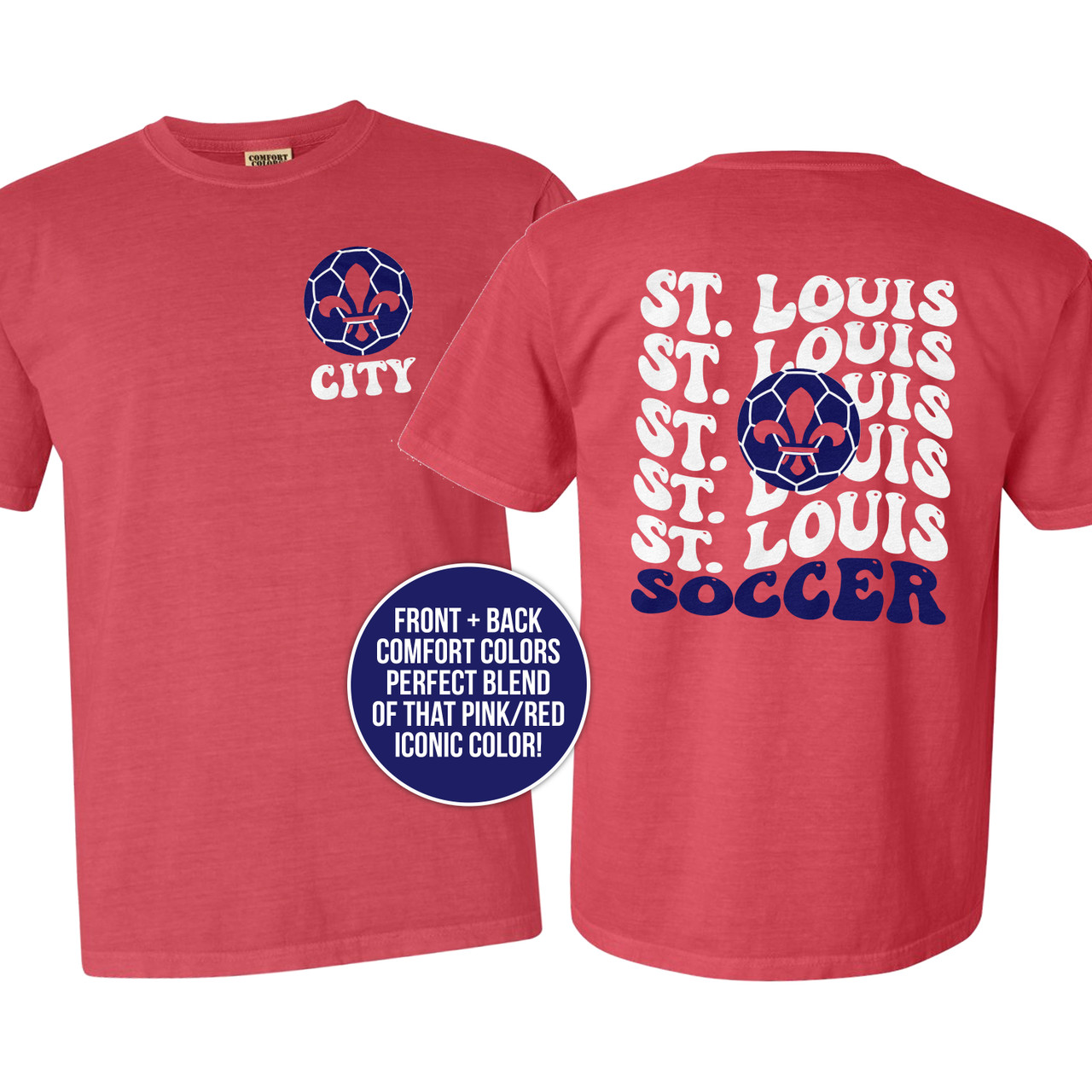 Zoey's Attic St. Louis Soccer City Retro Wavy Text Front and Back Print Comfort Colors Tshirt