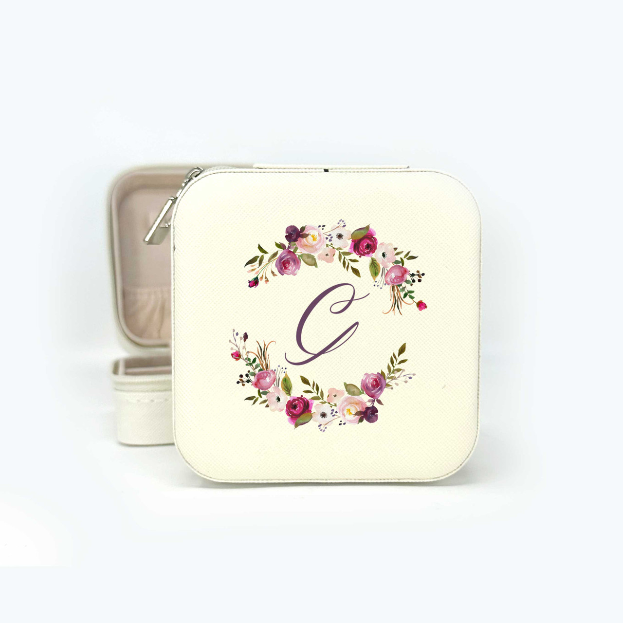 Monogram initial jewelry box floral design for women teens girls bridesmaids