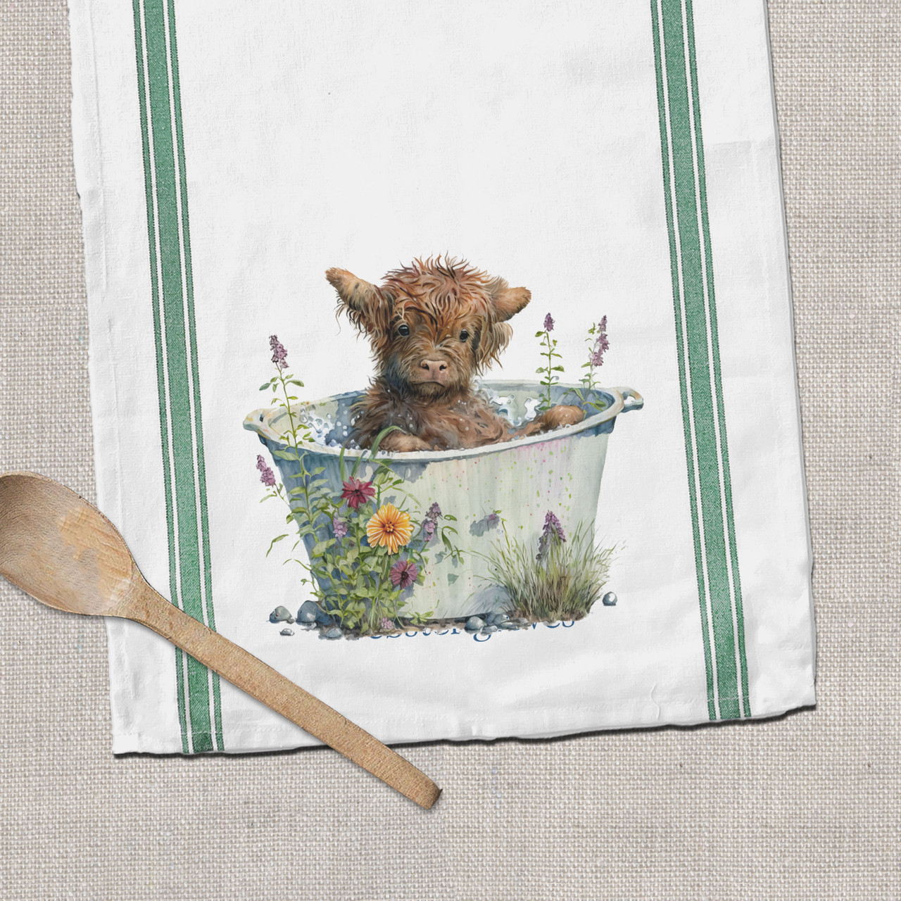 Highland Cow Decorative Tea Towel – Turquoise and Tequila