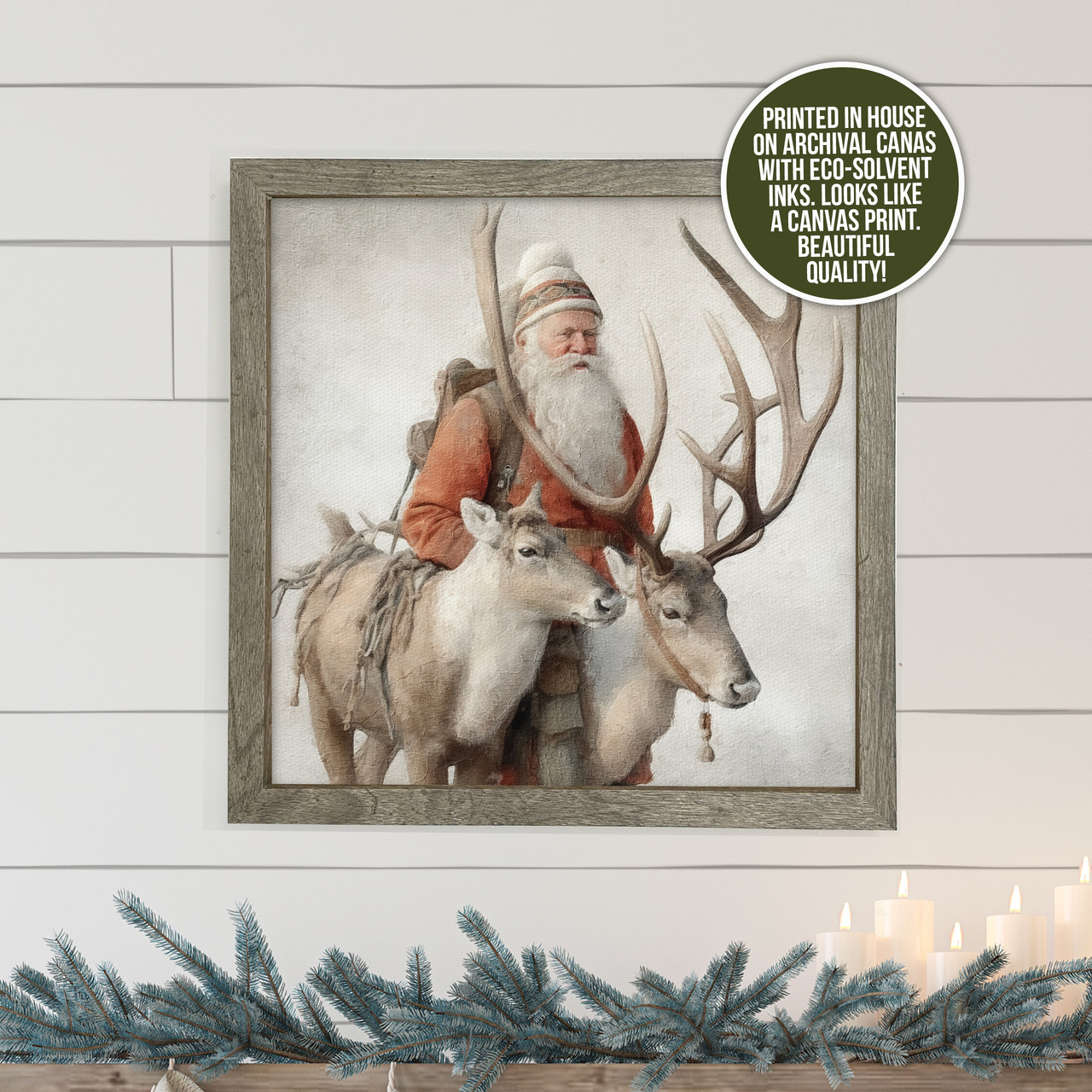 ヴィンテージ Apple Whimseys 製 サンタクロース1978 手作り vintage canvas print, old style santa and reindeer canvas wall art