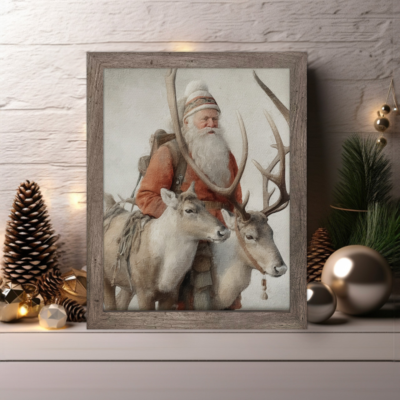 vintage canvas print, old style santa and christmas present canvas wall art framed  11x14