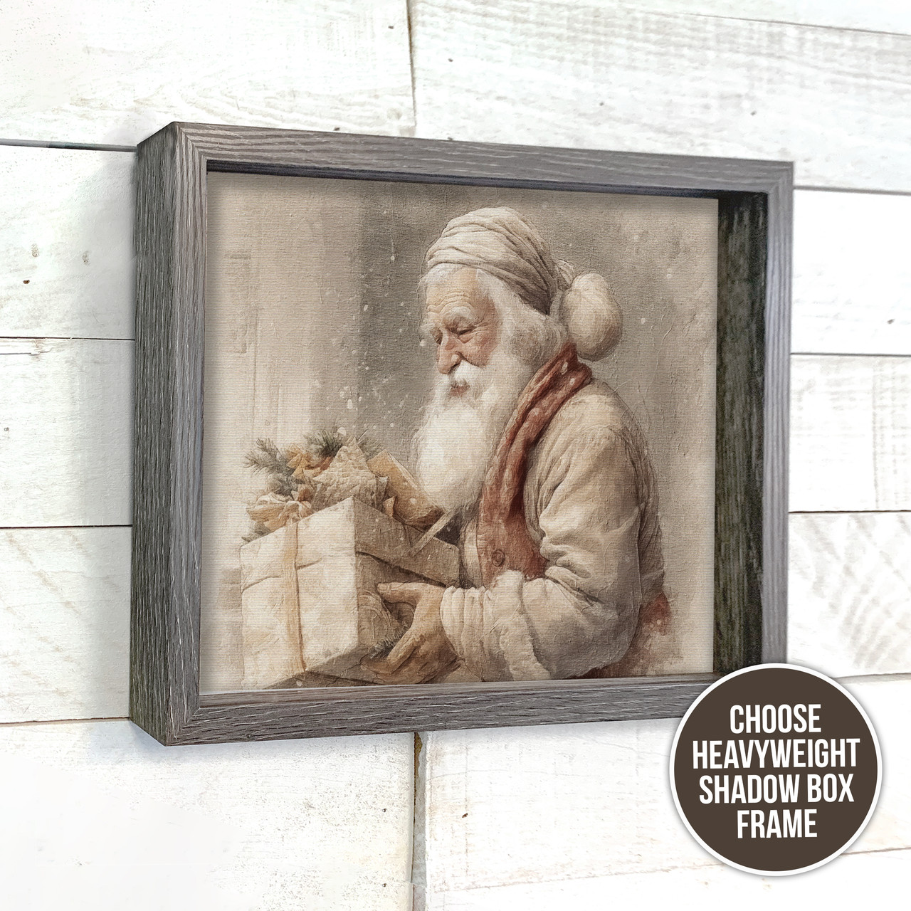 vintage canvas print, old style santa with christmas gold package canvas  wall art framed