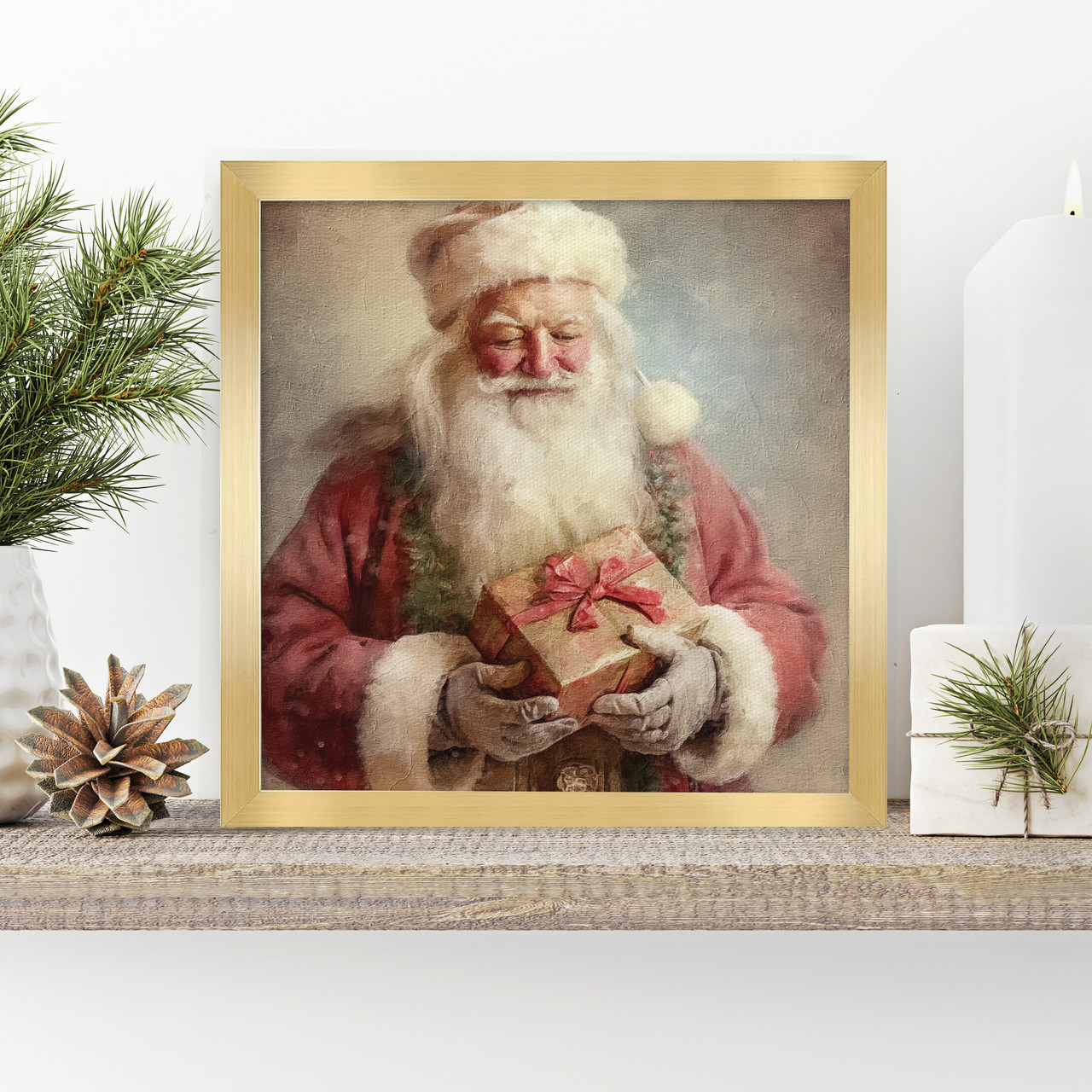 ヴィンテージARTサイン入りサンタ2体 vintage canvas print, old style santa with christmas gold package