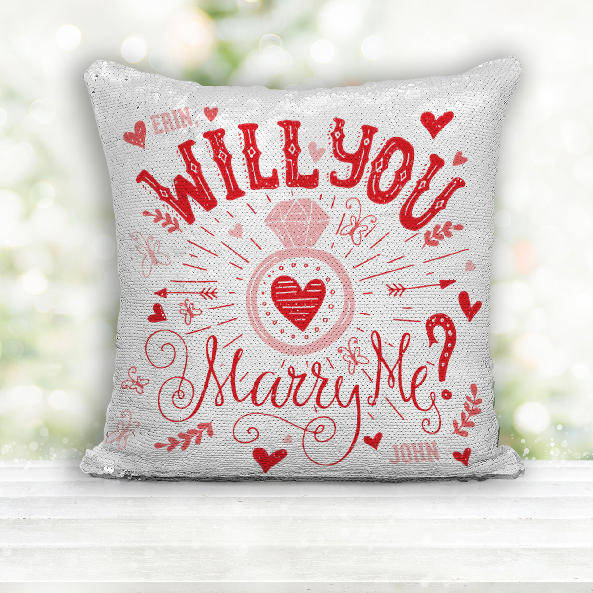 wedding proposal pillow gift, sequin bride or groom will you marry me