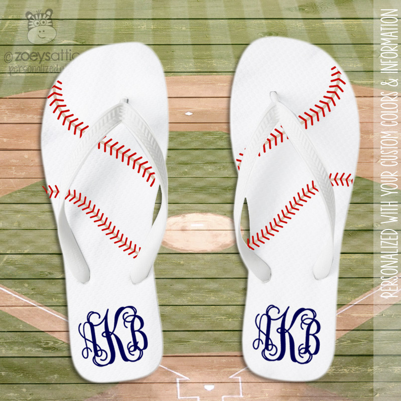 personalized ladies flip flops, monogrammed baseball flip flops