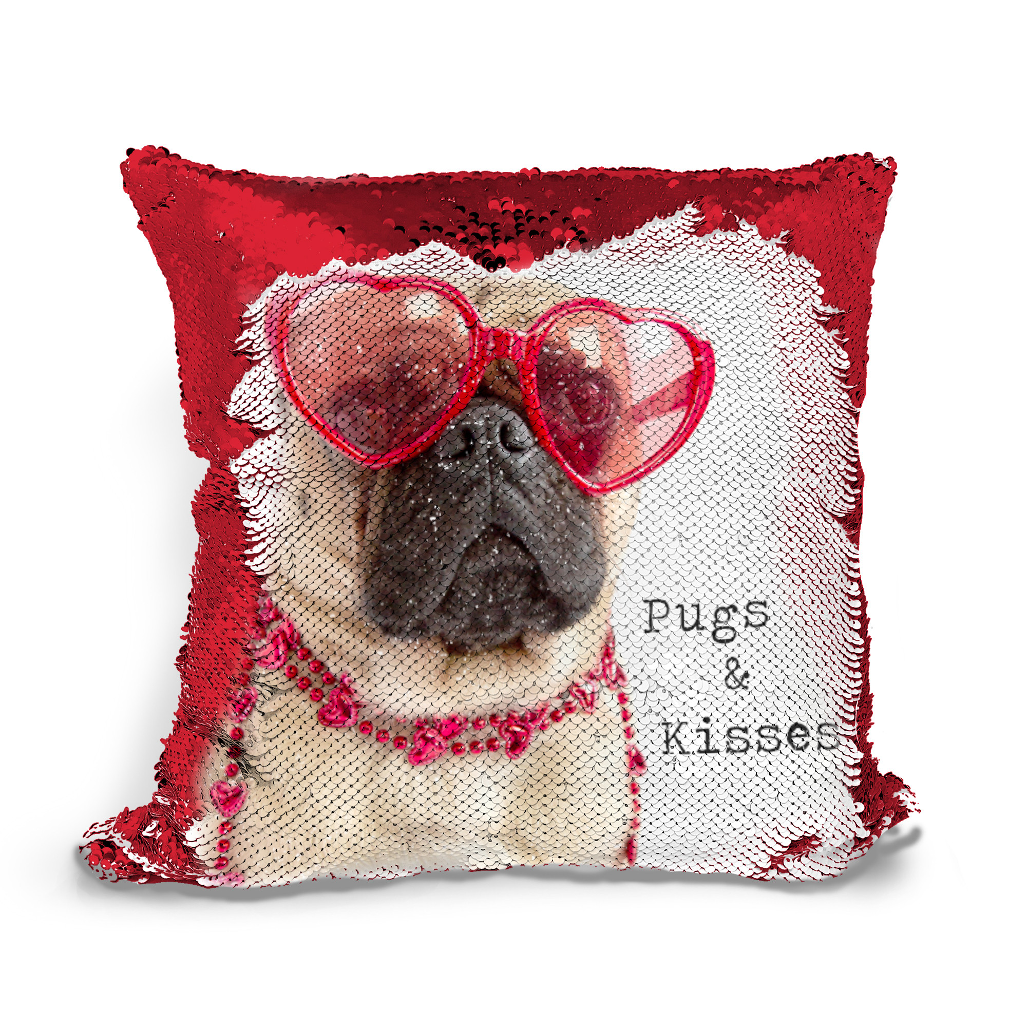 pug dog mermaid pillow, pugs and kisses sequin mermaid pillow pillowcase