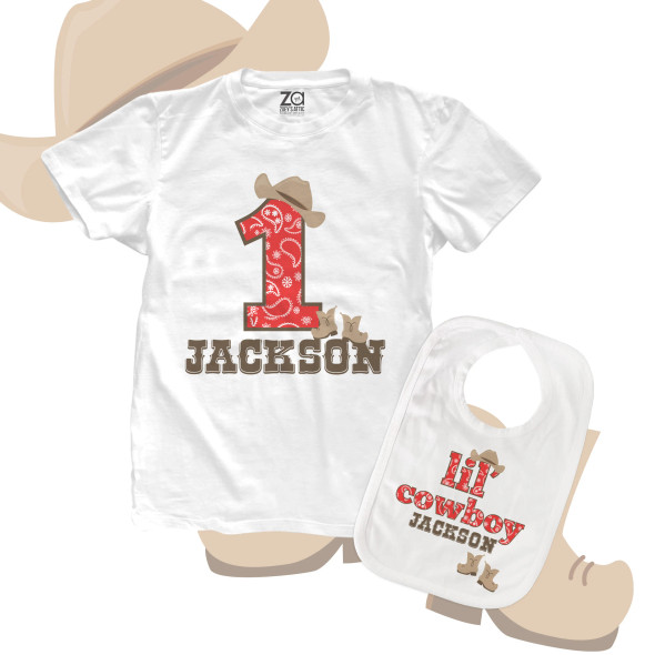 First birthday shirt cowboy or cowgirl buckaroo personalized Tshirt or bodysuit and bib matching set