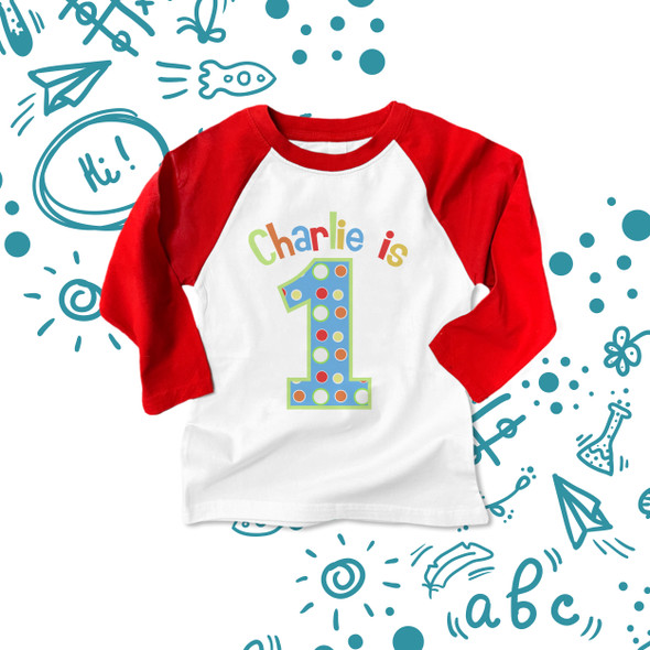 First birthday shirt primary colors theme 1st (or any) birthday childrens personalized raglan Tshirt