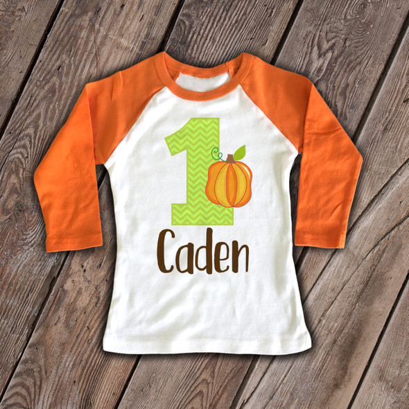 First birthday shirt pumpkin fall theme 1st (or any) birthday childrens personalized raglan Tshirt