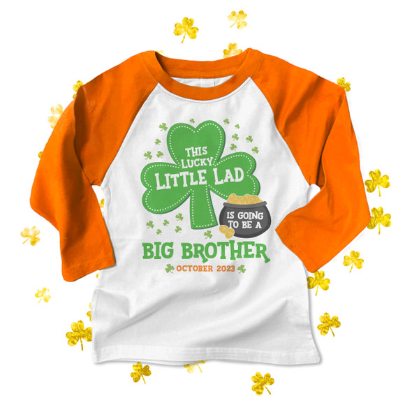 St. Patrick's Day big brother to be shirt little lad pregnancy announcement raglan Tshirt