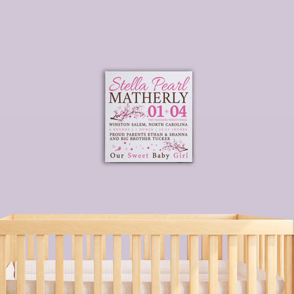 Birth announcement canvas print cherry blossom birdie custom birth announcement poster