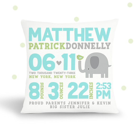 Birth announcement pillow elephant with birdie custom throw pillow with pillowcase