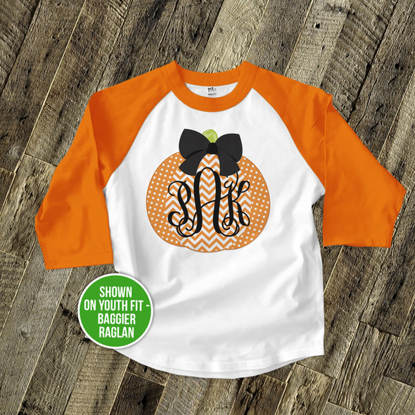 Fall shirt monogram chevron pumpkin personalized raglan Tshirt 