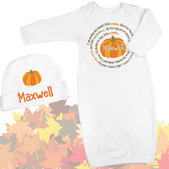 Newborn infant gown and optional matching cap little pumpkin personalized gown and cap set