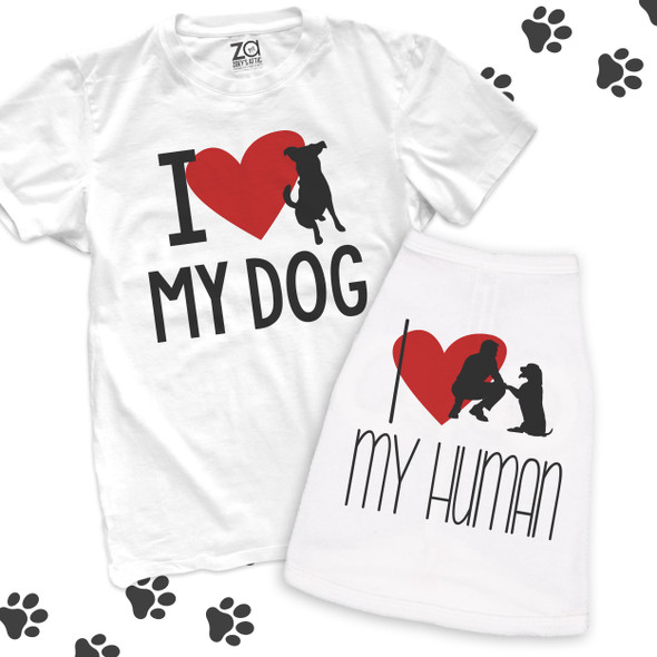 Funny I love my dog I love my human with heart adult shirt and dog shirt matching set
