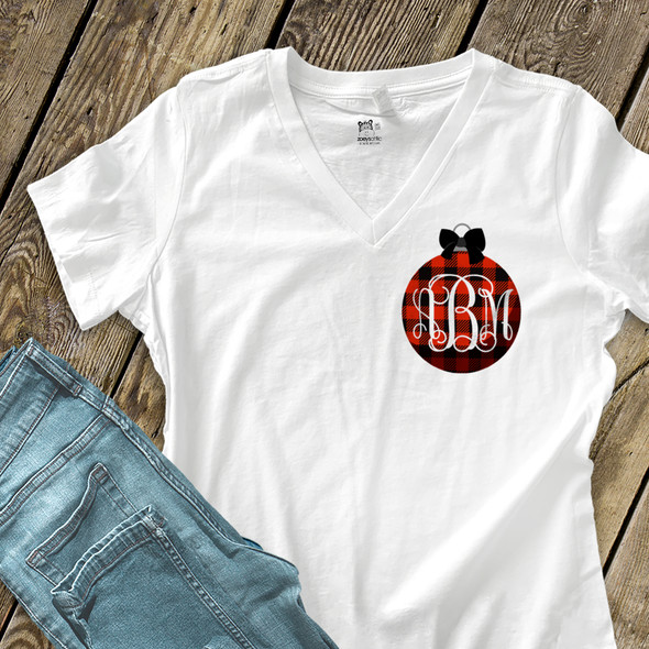 Holiday shirt monogram red buffalo plaid Christmas ornament womens crew neck or v-neck personalized Tshirt