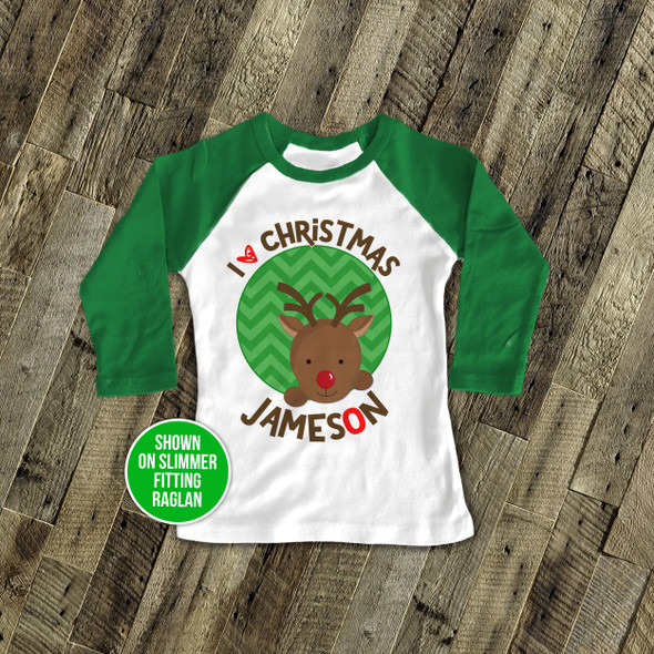 Christmas shirt red nosed reindeer personalized Christmas raglan Tshirt