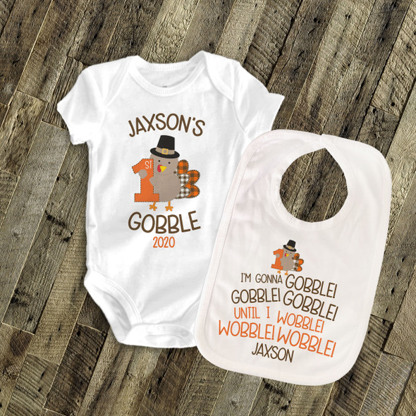First Thanksgiving shirt with matching bib 1st gobble personalized Tshirt or bodysuit and bib matching set