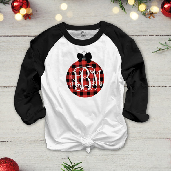 Monogram buffalo plaid ornament adult raglan shirt