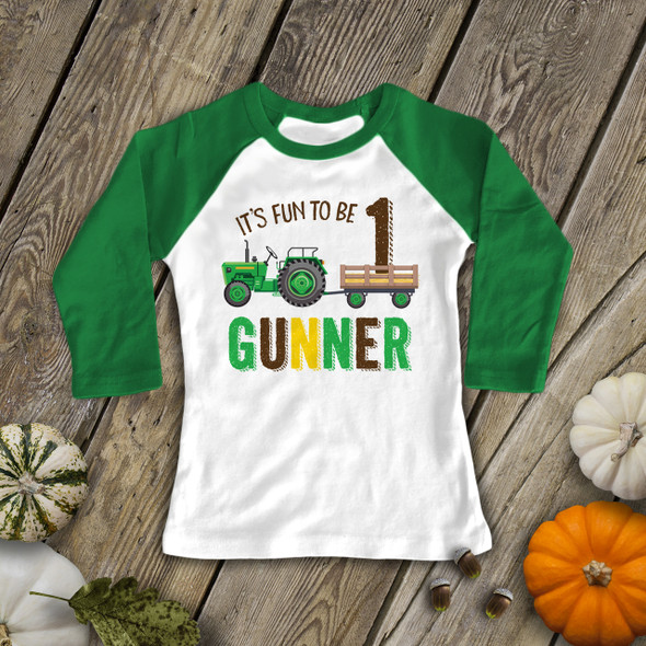 First birthday green tractor personalized raglan shirt