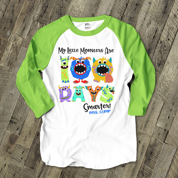 Teacher 100 days smarter monsters raglan shirt