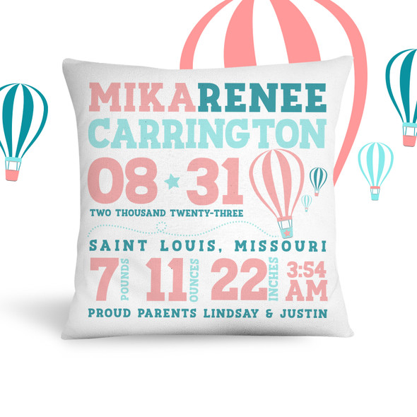 Hot air balloon birth announcement pillow