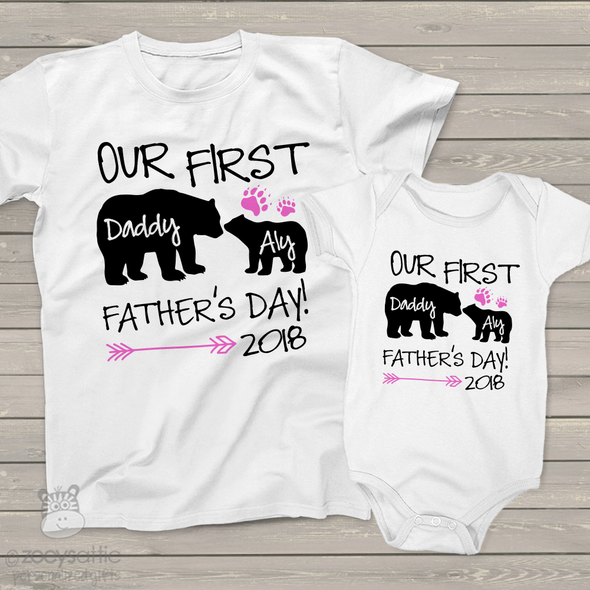 First Fathers Day daddy baby girl bear matching shirt gift set 