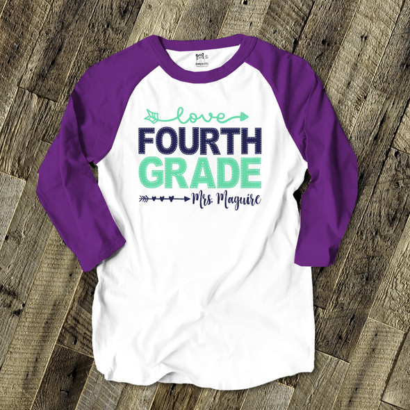 Teacher faux stitch any grade personalized adult raglan shirt