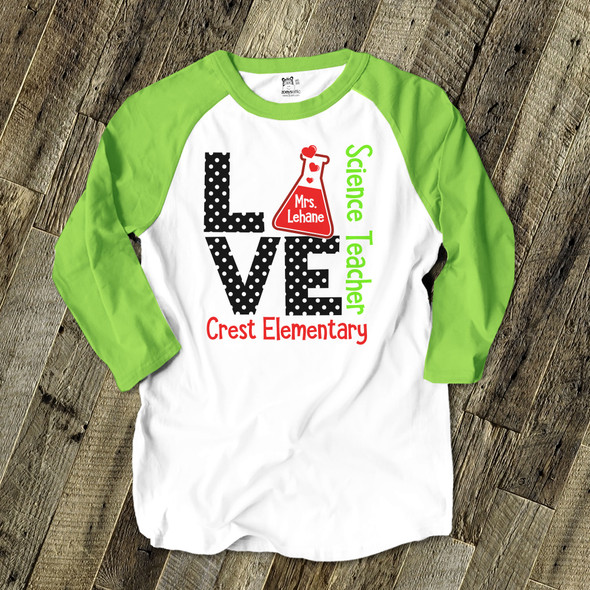 Science teacher love personalized raglan shirt