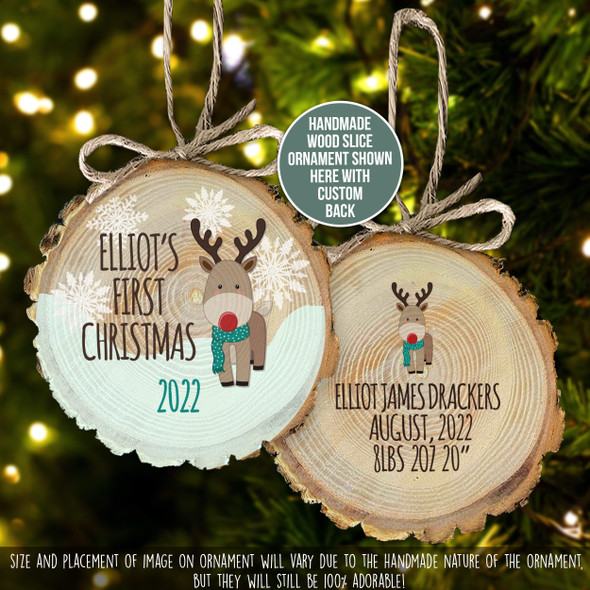 First Christmas reindeer wood slice ornament
