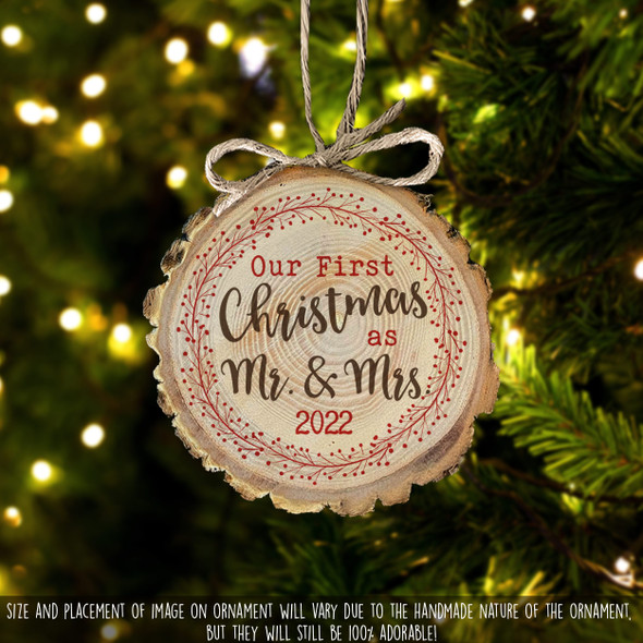 First Christmas mr & mrs holiday wreath wood slice ornament