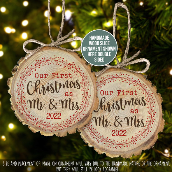 First Christmas mr & mrs holiday wreath wood slice ornament