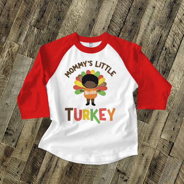 Thanksgiving mommy's little turkey boy personalized raglan shirt