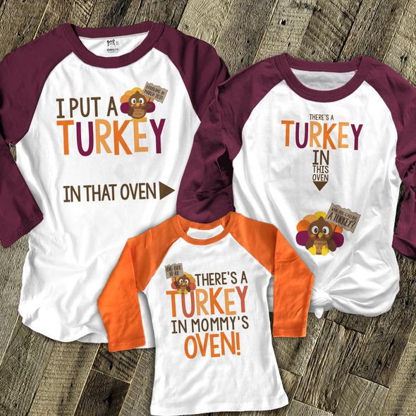 Thanksgiving turkey in oven pregnancy announcement THREE raglan shirt set