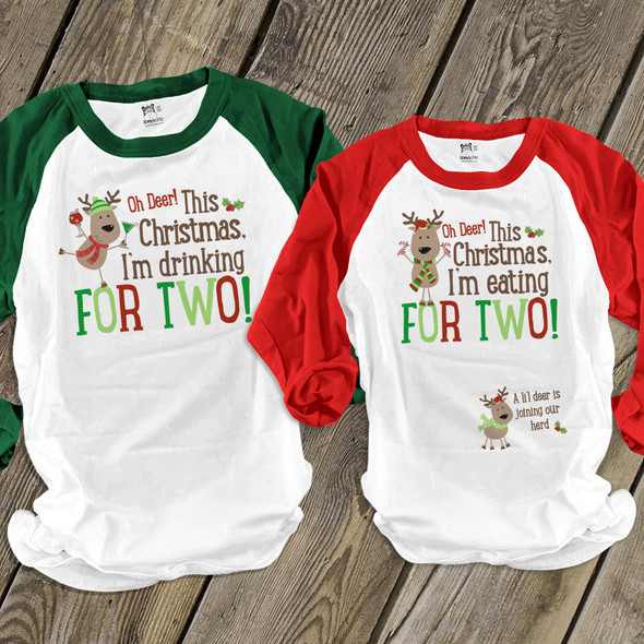 Christmas reindeer drinking/eating for two pregnancy announcement unisex adult raglan shirt set