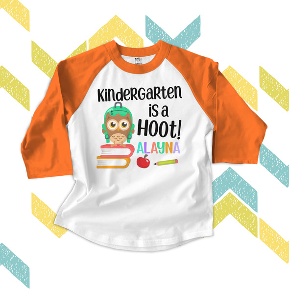 Kindergarten (or any grade) is a hoot children's personalized raglan shirt