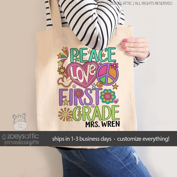 Teacher peace love any grade colorful tote bag