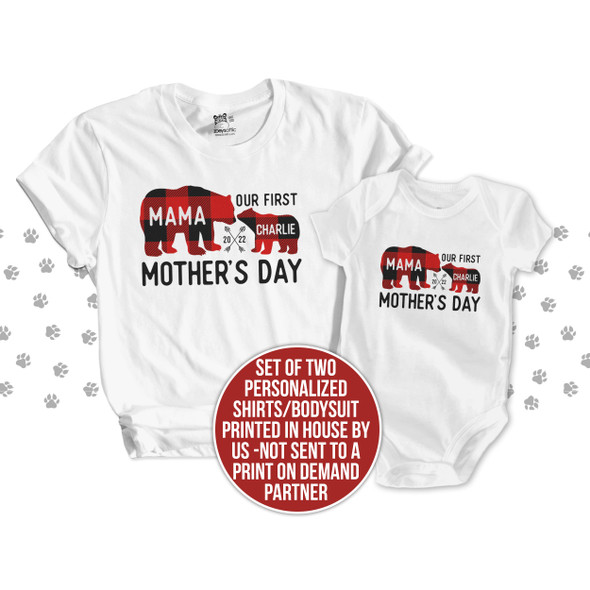 First Mothers Day mama baby buffalo plaid bear matching shirt gift set 