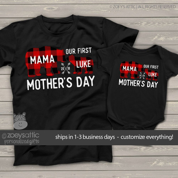 First Mothers Day mama baby buffalo plaid bear matching DARK shirt gift set