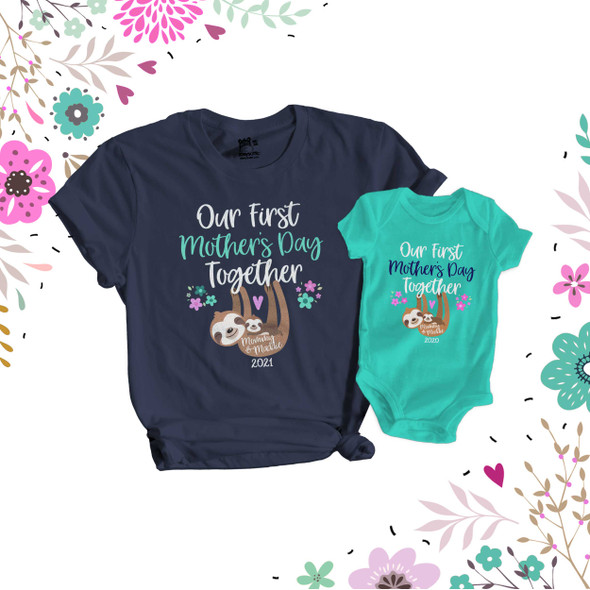 First Mothers Day mommy baby sloth matching DARK shirt gift set