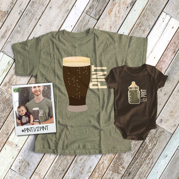 Pint and half pint baby bottle matching DARK shirt gift set