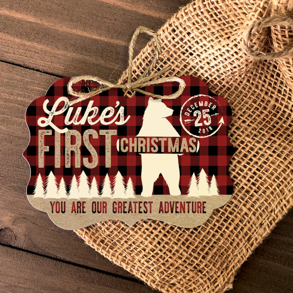 Baby's First Christmas adventure bear rustic ornament