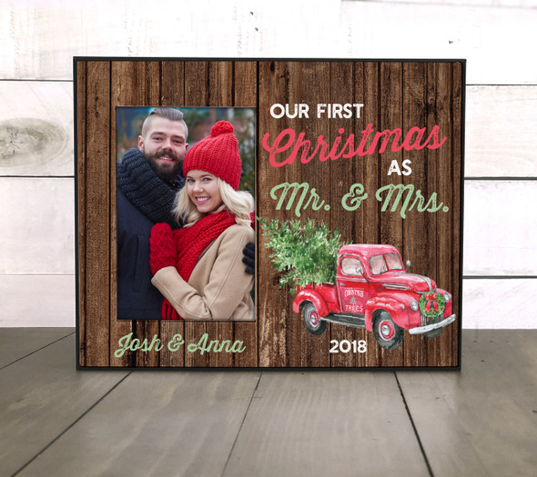 First Christmas married vintage truck tree farm faux wood photo frame