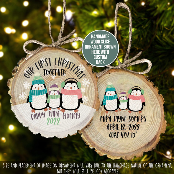 Our First Christmas penguin family wood slice ornament