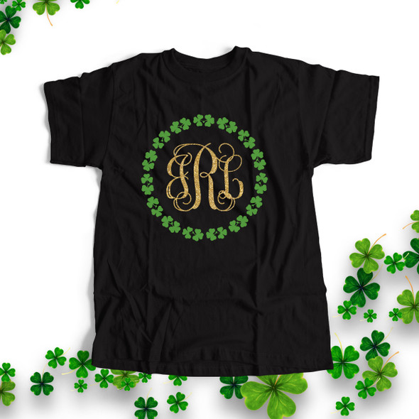 St. Patricks Day glitter monogram shamrock wreath DARK shirt