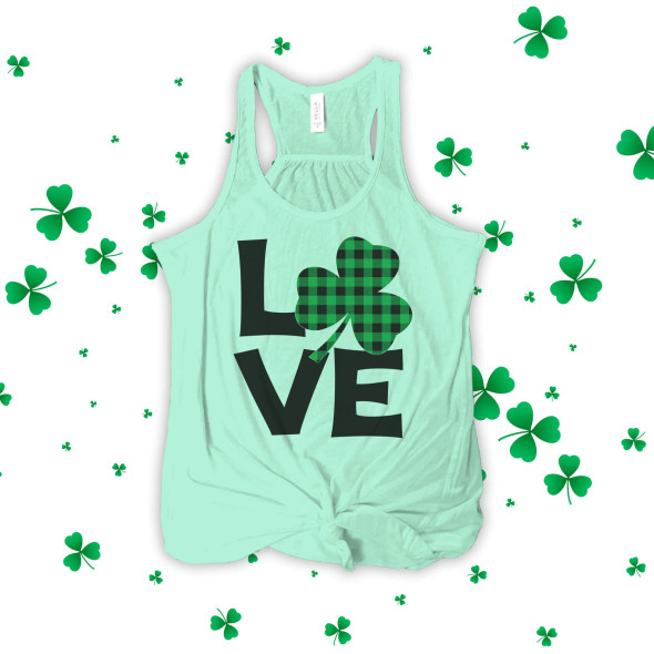 St. Patricks Day love green buffalo plaid shamrock womens flowy tank top