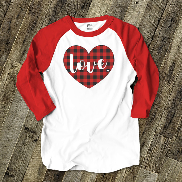 Valentine love red buffalo plaid heart adult raglan shirt